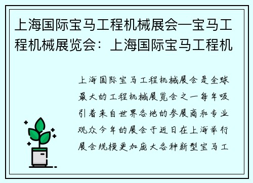 上海国际宝马工程机械展会—宝马工程机械展览会：上海国际宝马工程机械展会盛大开幕